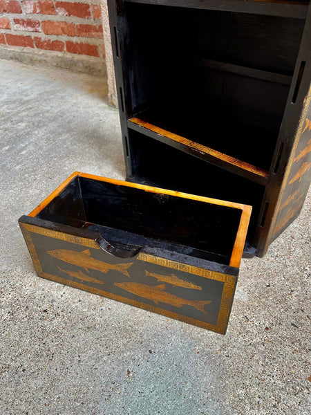 English Boat Form Etagere Black Lacquer Fish Decoupage Collection Bookshelf