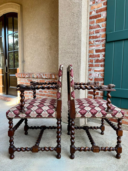 Pair SET Antique French Arm Chair Barley Twist Oak Renaissance Lion Fleur De Lis