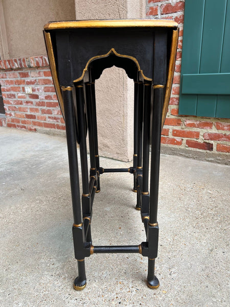 Antique English Drop Leaf Side Table Horse Equestrian Chinoiserie Petite Oak