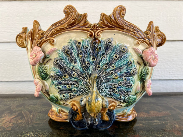 Antique French Majolica Jardinière Planter Peacock Onnaing Large Cache Pot c1880