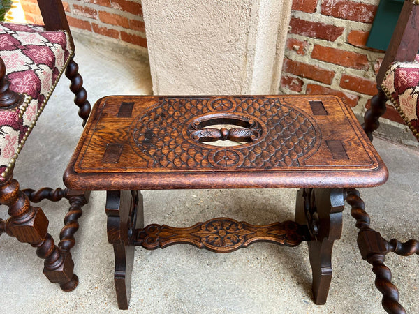 Antique French Bench Stool Gothic Renaissance Carved Oak Trestle Fleur de lis