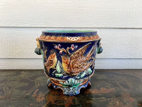 Antique Majolica Bird Planter Cache Pot Jardinière Cobalt Blue Wasmuël c1890