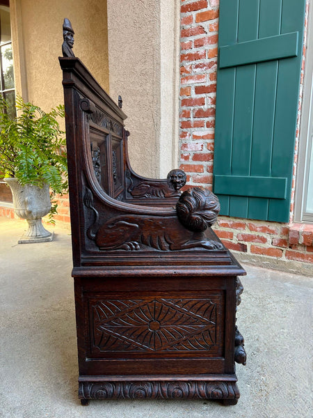 Antique French Hall Bench Breton Brittany Small Settee Carved Oak Lion Pew