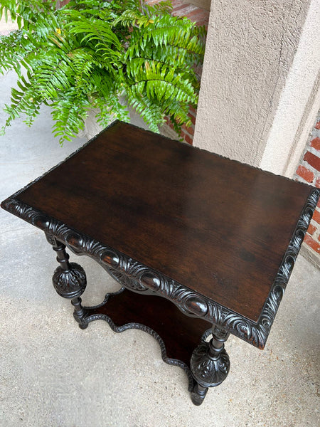 Antique English Side Sofa Table Ebonized Carved Oak Baroque Two Tier Tudor