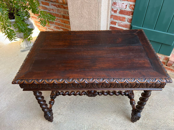 Antique French Sofa Table Writing Desk Barley Twist Carved Oak Renaissance