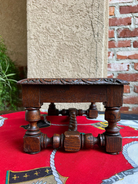 Antique English Kettle Stand Footstool Barley Twist Carved Oak Display Stool