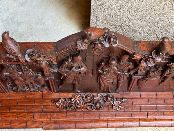 Antique French Renaissance Relief Carved Mantel Bookcase Art Display Knight Bird