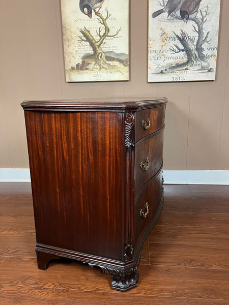 Antique Georgian Revival Chest of Drawers Flame Mahogany Serpentine Carved c1940