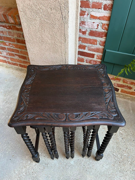 SET 4 Antique French Drop Leaf Nesting TABLE BARLEY TWIST Folding End Carved Oak