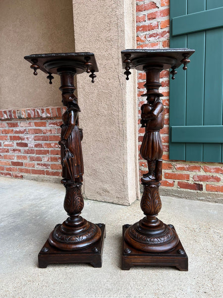 Antique French Breton Pedestal Stands PAIR Carved Figural Display Brittany c1900