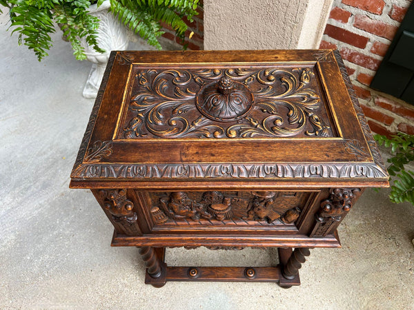 Antique French Renaissance Chest Box on Stand Breton Brittany Oak Barley Twist