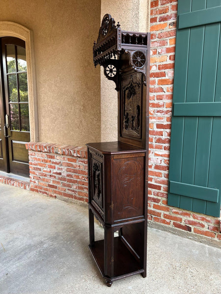 Antique French Breton Hall Cabinet Tall Narrow Carved Crown Bookcase c1880