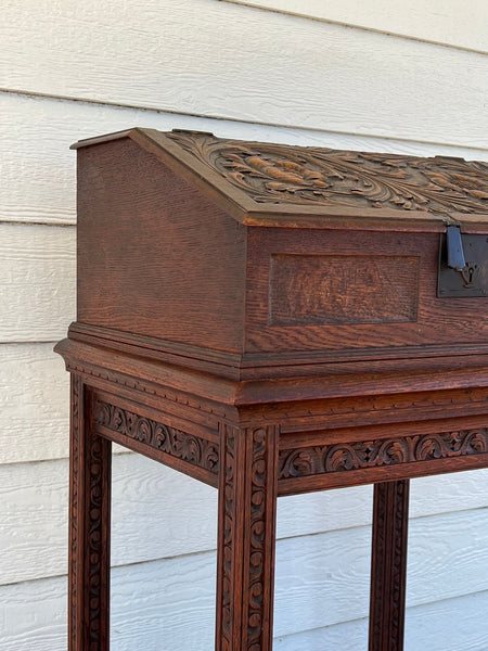 Antique English Slant Top Bible Box Desk Stand Jacobean Carved Oak Lectern c1890