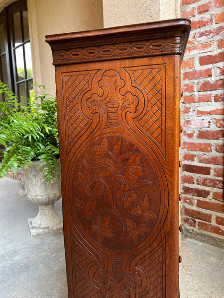 Antique English Victorian Wellington Chest of Drawers Campaign Carved Oak