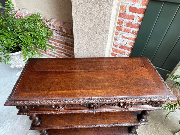 Antique French Carved Oak Server Sideboard Barley Twist Renaissance Bookshelf