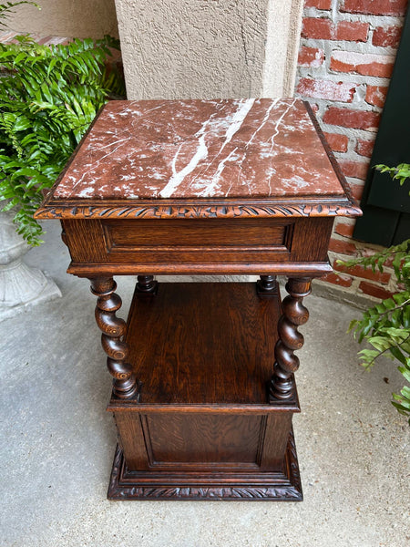 Antique French Side End Table Cabinet BARLEY TWIST Carved Oak Renaissance Marble