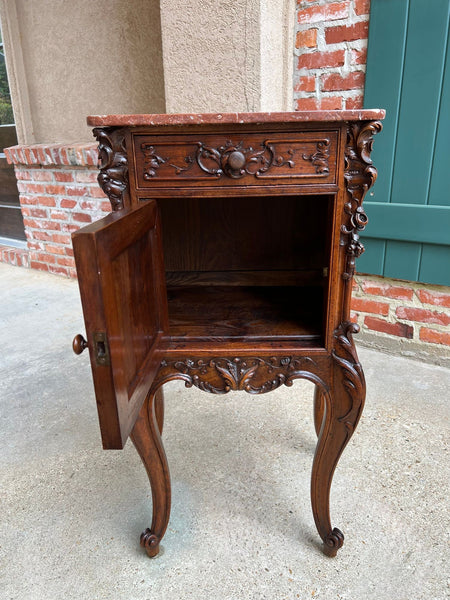 Antique French Nightstand Cabinet Marble Top Louis XV Carved Walnut c1890