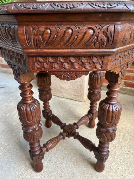 Petite Antique French Octagon Center Side TABLE Renaissance Carved Oak