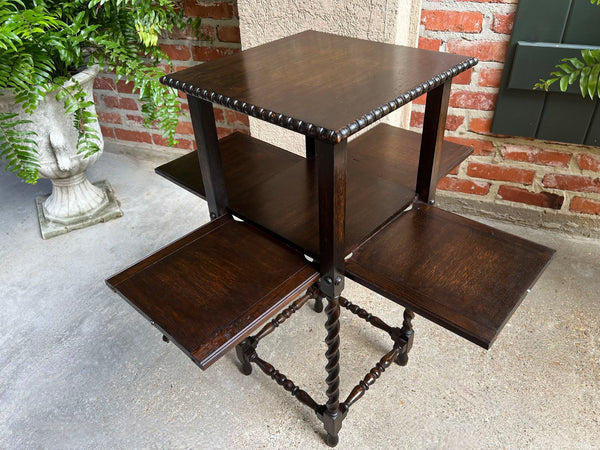 Antique English Square Table Plant Stand Jacobean BARLEY TWIST Cabinet Dark Oak