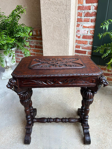 Antique French Console Side Table Renaissance PETITE Gothic Carved Oak c1880