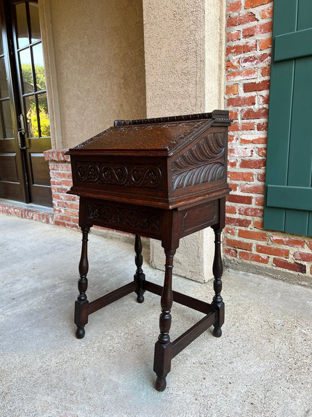 Antique English Slant Front Desk Display Stand Jacobean Carved Tiger Oak Lectern