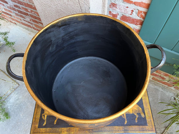 LARGE Antique English Planter Cachepot Black Metal Lacquer SHELL Decoupage c1890