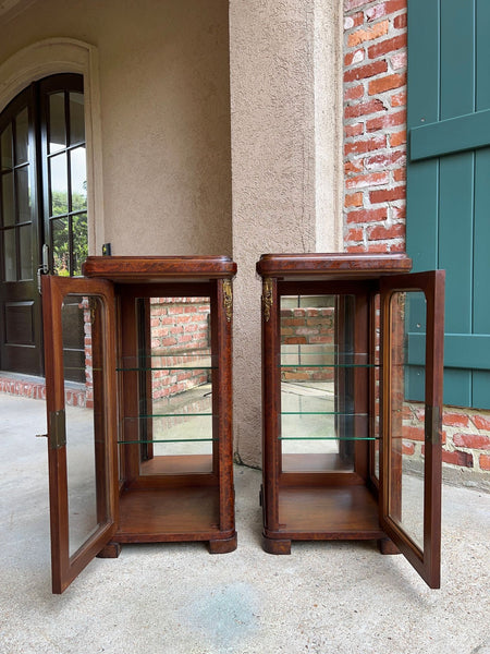 PAIR Antique French Glass Vitrine Display Cabinets Burl Mahogany Mirror c1900