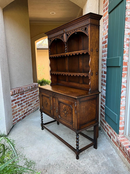 Antique English Welsh Dresser Sideboard Barley Twist Carved Tiger Oak Farmhouse