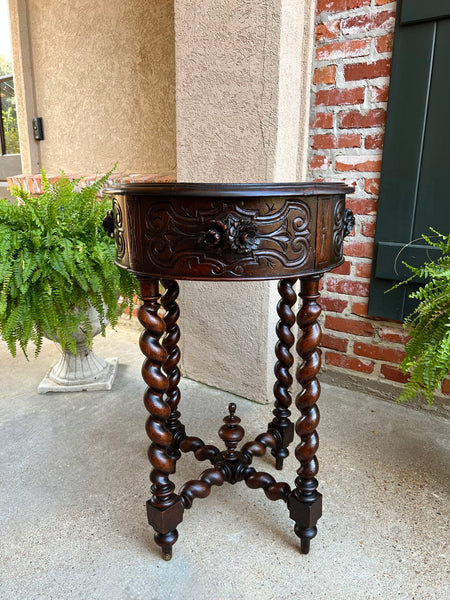 Small Antique French ROUND Center Side TABLE Barley Twist Renaissance Carved Oak