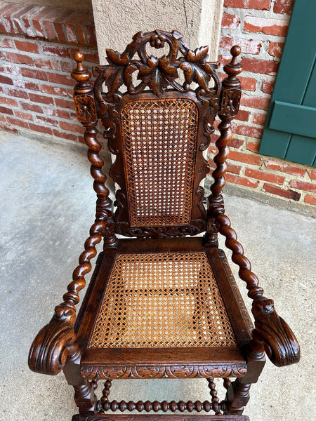 Antique French Child High Chair Renaissance Barley Twist Carved Oak Caned c1890