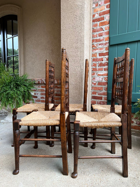 Set 5 Vintage English Oak Dining Side Chairs Rush Seat Lancashire Spindle Back