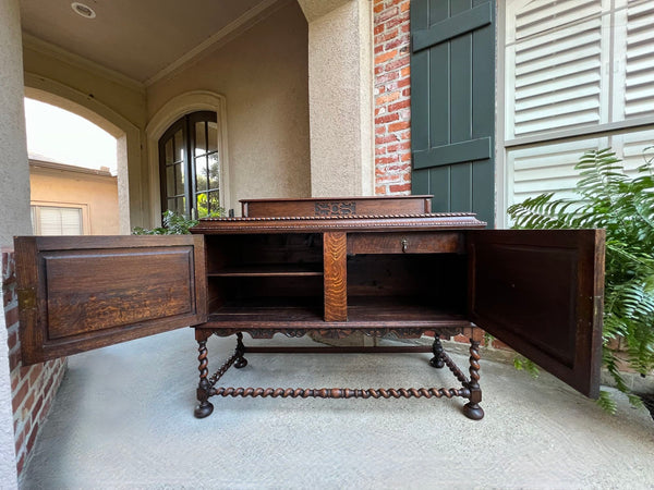 Antique English Sideboard Server Buffet BARLEY TWIST Carved Tiger Oak Jacobean