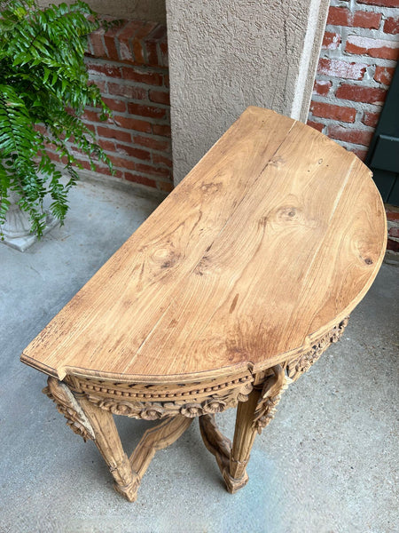 Antique French Louis XVI Console Table Foyer Demilune Carved Bleached Wood c1890