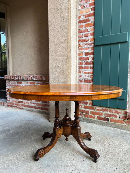 Antique English Center Breakfast Table Burl Walnut Tilt Top Inlaid Oval c1890