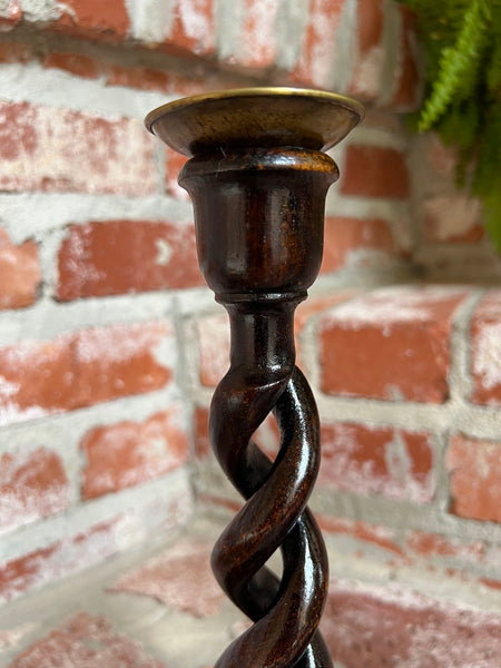 PAIR Set Antique English Oak OPEN Barley Twist Candlesticks Candle Holder Brass