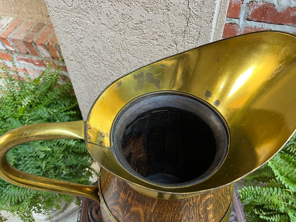 Antique Large French Country Oak Pitcher Brass Band Wine Barrel Umbrella Stand