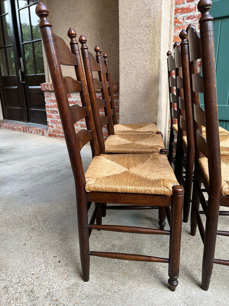 Vintage English Dining Chairs Set 6 Oak Ladder Back Rush Seat Woven