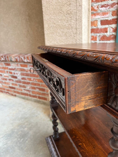 Antique English Server Console Table Jacobean Carved Oak Barley Twist c1900