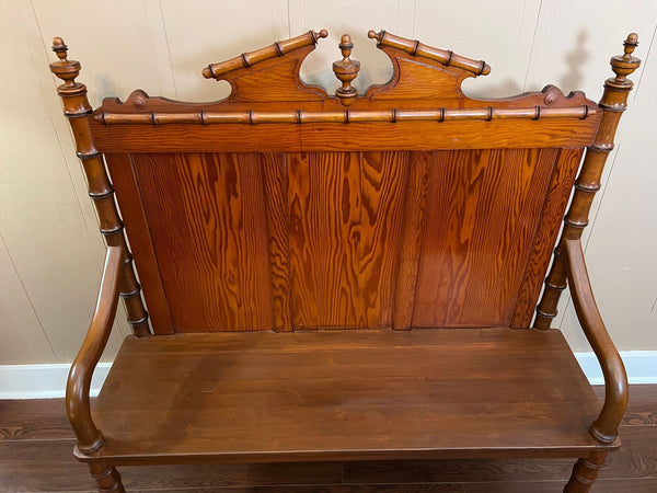 Antique English Faux Bamboo Pine Hall Bench Victorian High Back Settle c1890