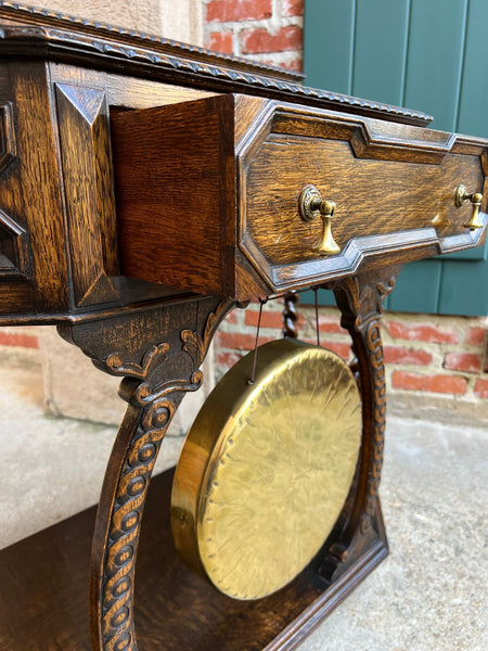Antique English Console Hall Table Jacobean Carved Oak Barley Twist Gong c1880
