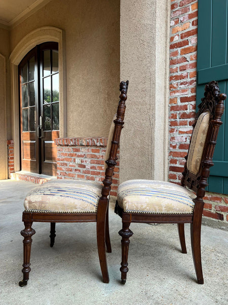 Pair Antique French Dining Chairs Renaissance Carved Oak Black Forest c1880
