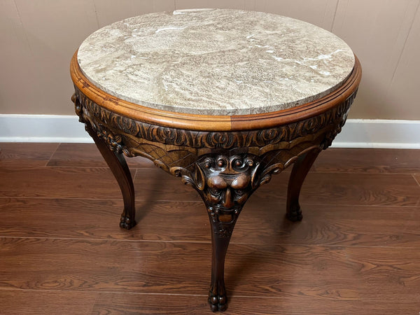 Antique French Renaissance Revival Center Table Round Marble Carved Walnut c1900