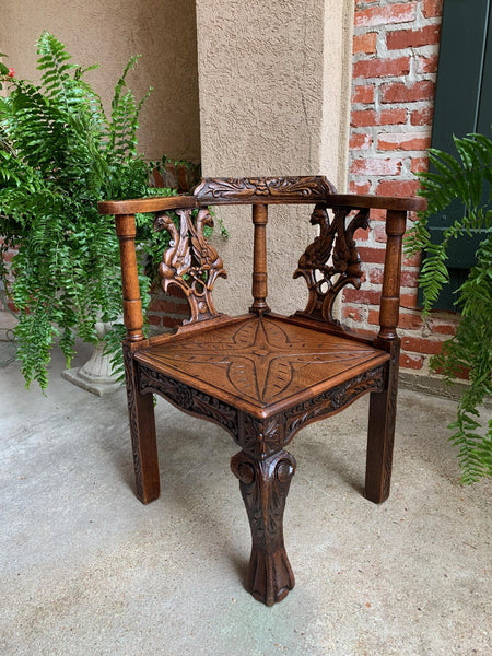 Antique French Carved Oak Corner Arm Chair Renaissance Louis XIV style