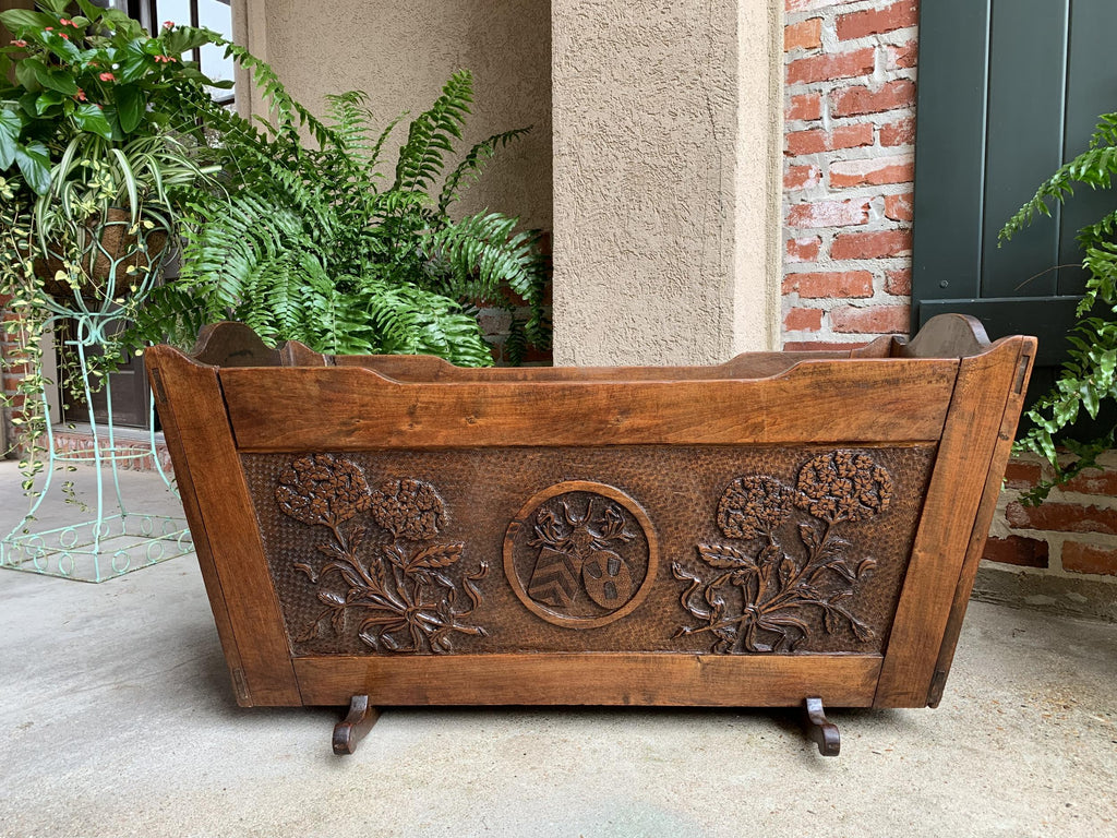19th century Antique French Provincial Carved Oak Baby Doll Bed Crib Planter