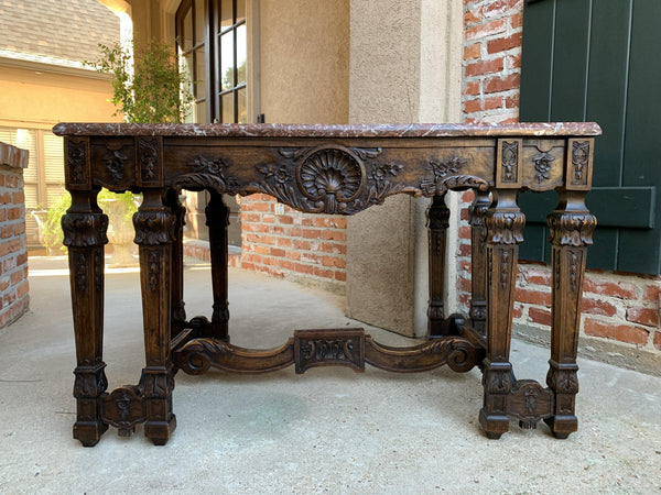 19th century French Carved Oak Hall Center Table a Gibier Marble Top Louis XIV