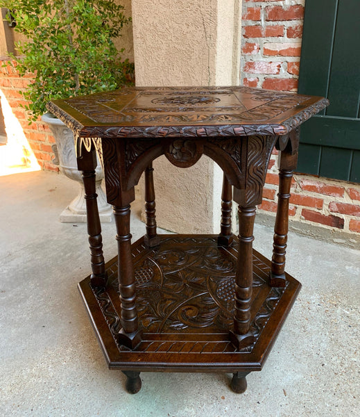 19th century French Carved Oak Center Side Table Hexagon Two Tier Shelf