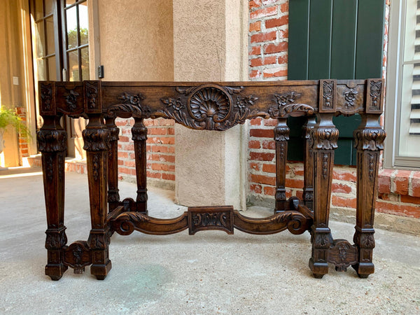 19th century French Carved Oak Hall Center Table a Gibier Marble Top Louis XIV