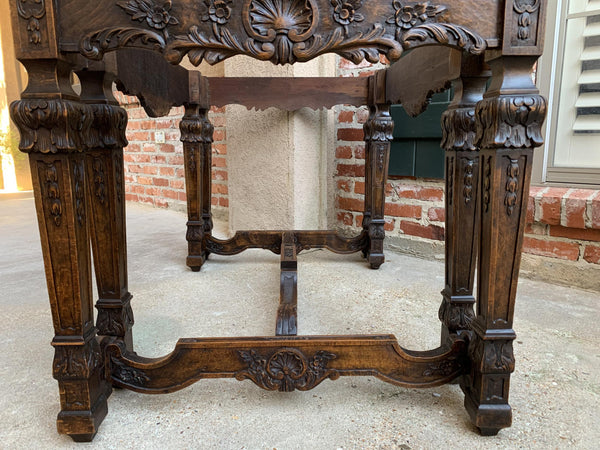 19th century French Carved Oak Hall Center Table a Gibier Marble Top Louis XIV