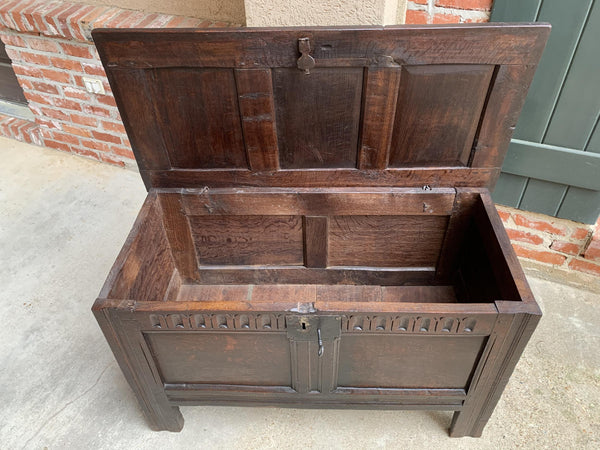 18th century English Carved Oak Coffer Trunk Chest Coffee Table Blanket Box