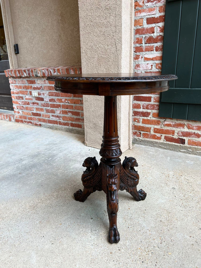 Antique French Carved Round End Table Neoclassical Walnut Tripod Gueridon